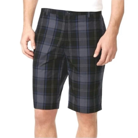 Calvin Klein Men's Plaid Flat Front Chino Shorts Black Blue and Gray Size 32 - Picture 1 of 12